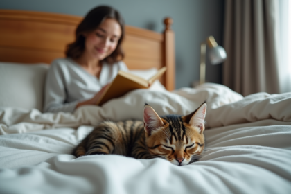 Jeune femme lisant avec un chaton endormi sur le lit