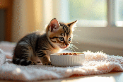 Chaton tigré assis sur une couverture douce avec sa mère