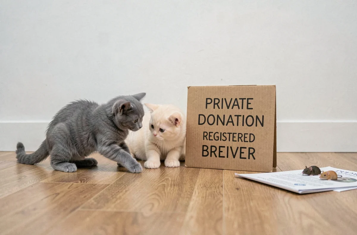 Deux chatons British Shorthair jouant près d'un panneau d'adoption symbolisant le choix entre don et élevage