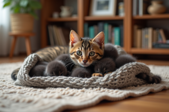 Chatons de cinq semaines avec leur mère caline sur un plaid