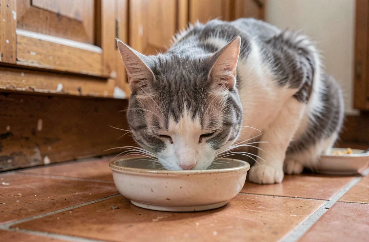 Chatte âgée qui boit de l'eau dans un bol en céramique à la maison, signe d'hydratation importante pour les reins