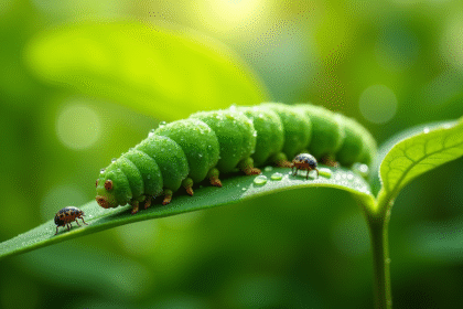 Chenille verte sur une feuille dans un jardin ensoleille
