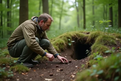 Chercheur en forêt observant des déjections de blaireau