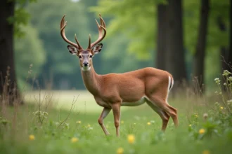 Cerf roux adulte en forêt au printemps