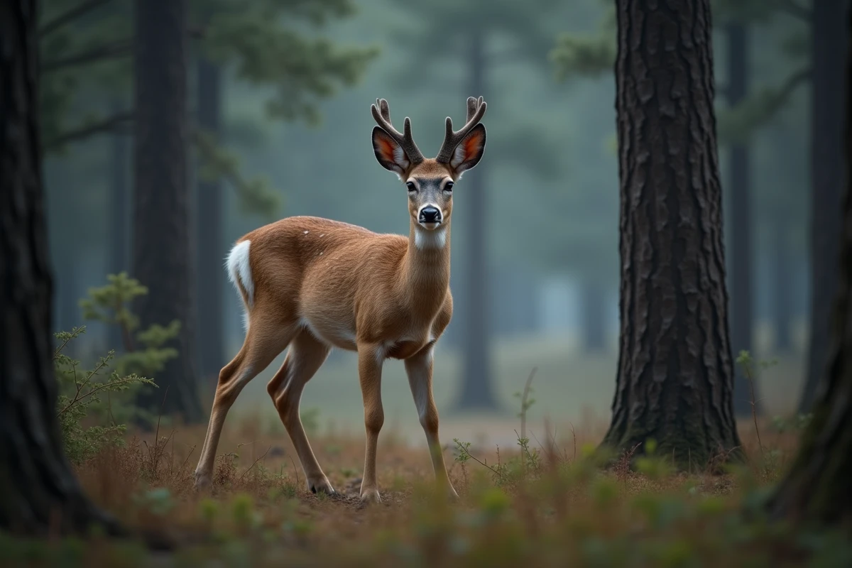Chevreuil mâle aux petits bois courts dans une forêt de conifères, photo naturaliste pour comparer chevreuil et cerf