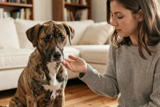 Chien adopté en refuge regardant avec méfiance la main tendue de sa nouvelle maîtresse dans un salon chaleureux