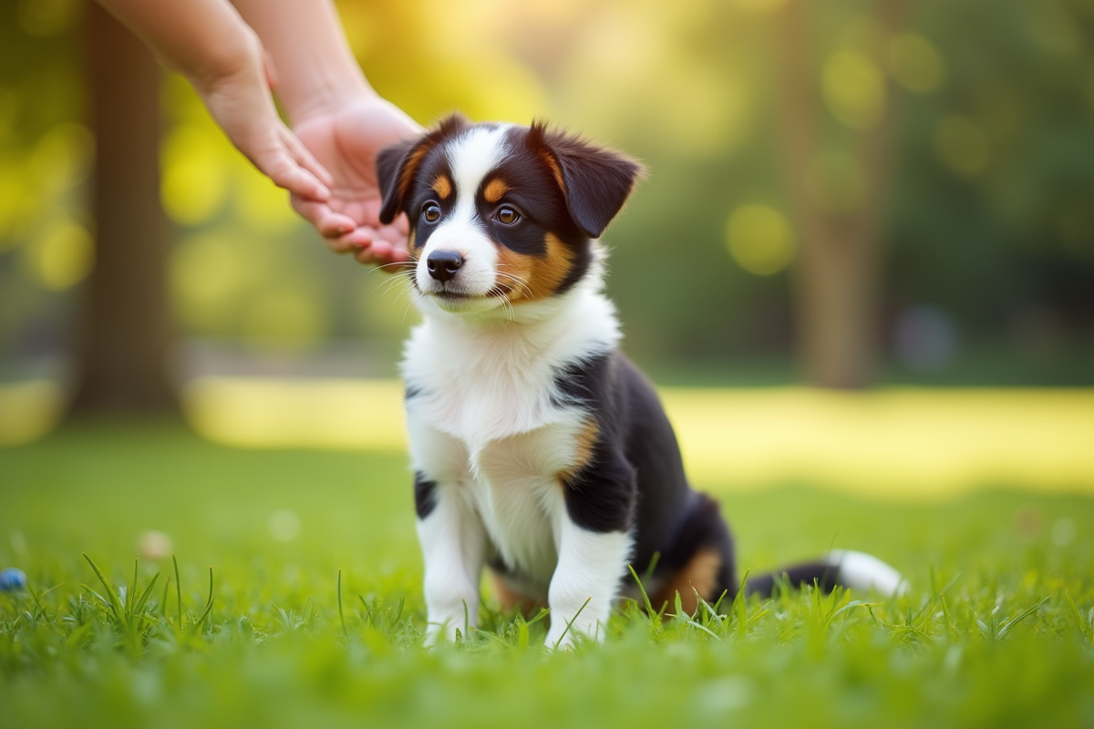 Jeune Australian Shepherd assis dans un parc en extérieur