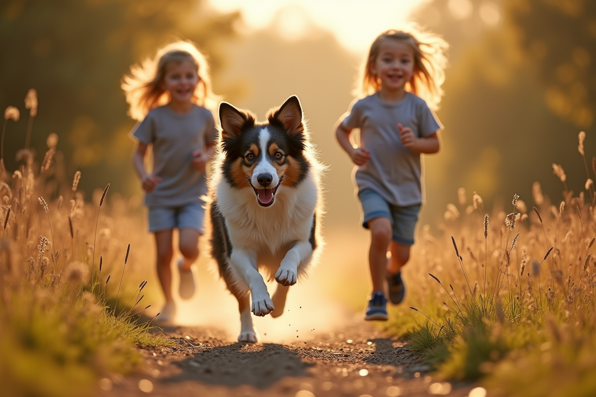 Chien australien courant avec deux enfants dans la campagne