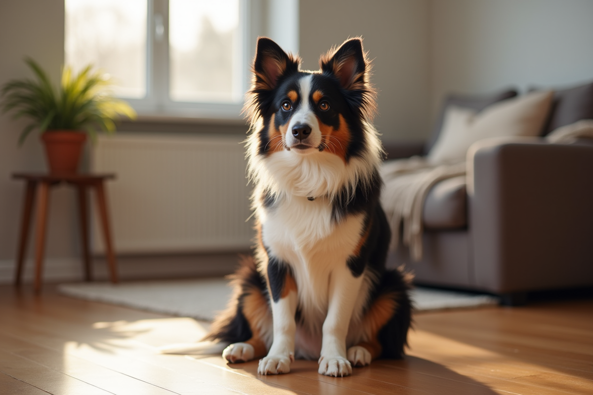 Chien border collie et australian shepherd assis à l intérieur