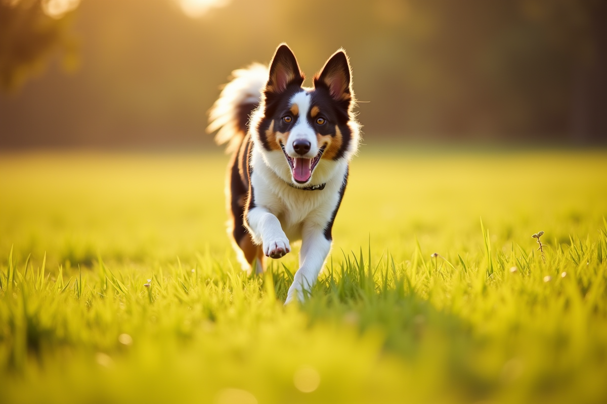 Chien border collie et australian shepherd courant dans un champ ensoleille
