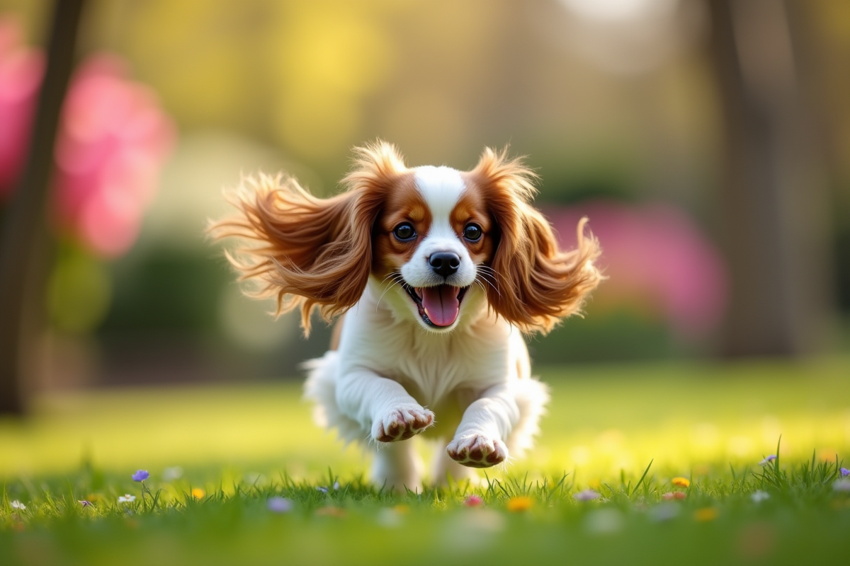 Chien cavalier king charles courant dans un jardin fleuri