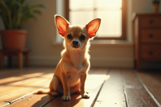 Chihuahua aux oreilles papillon sur sol en bois en lumière naturelle