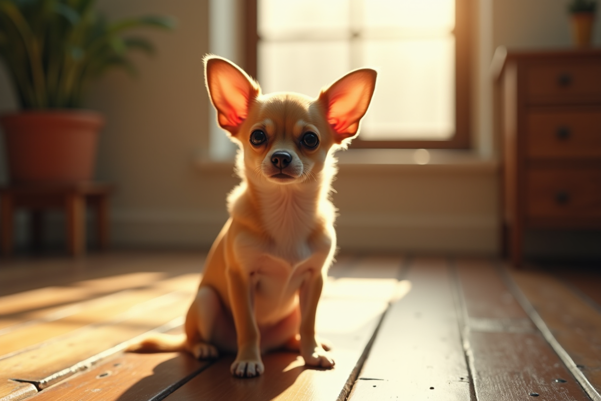 Chihuahua aux oreilles papillon sur sol en bois en lumière naturelle