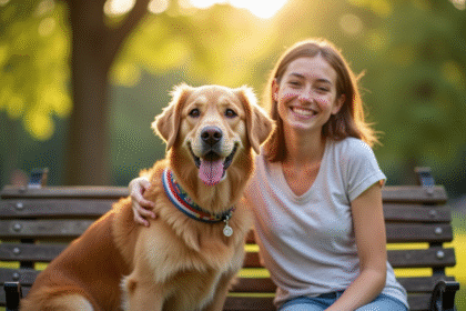 Golden retriever heureux avec collier coloré assis avec une femme dans un parc
