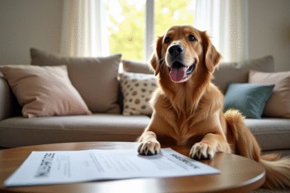 Golden retriever heureux dans le salon ensoleille