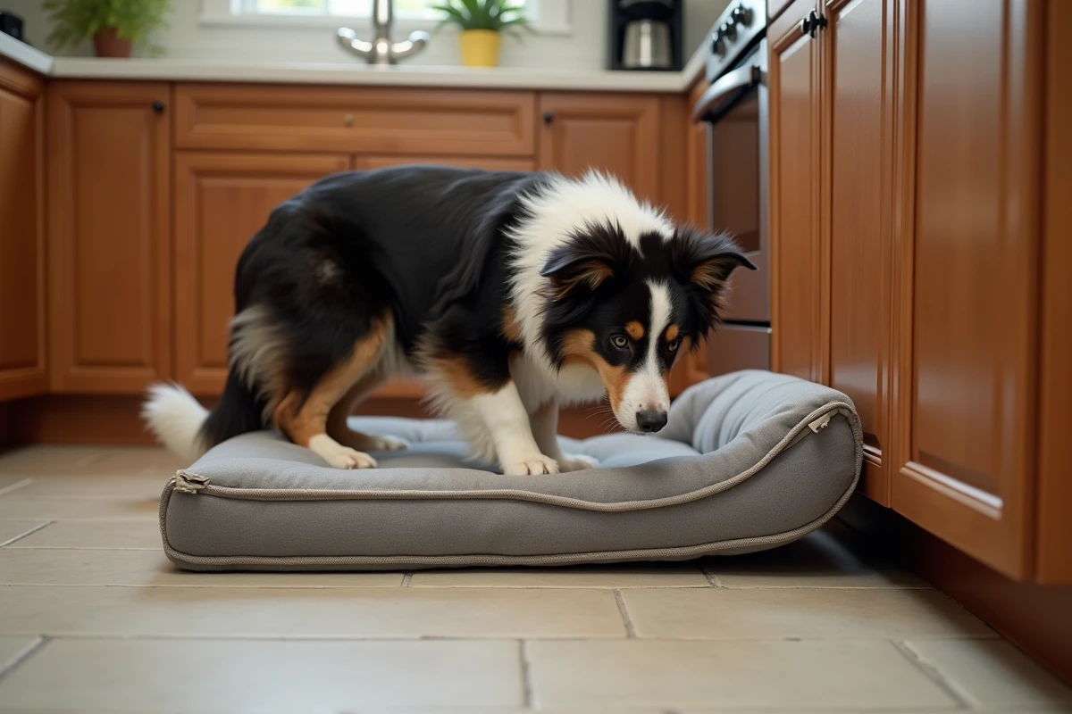 Chien border collie qui gratte son coussin résistant sur le carrelage de la cuisine provoquant une usure prématurée