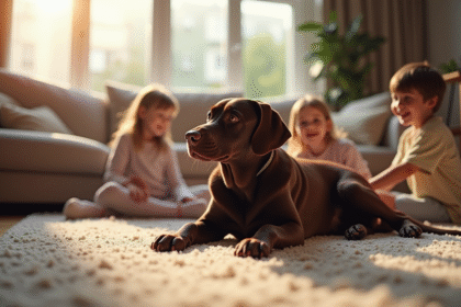 Labrador chocolat dans un salon familial chaleureux