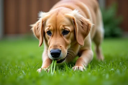 Chien golden retriever en train de mâcher de l'herbe dans un jardin avec de la bave blanche au coin des lèvres