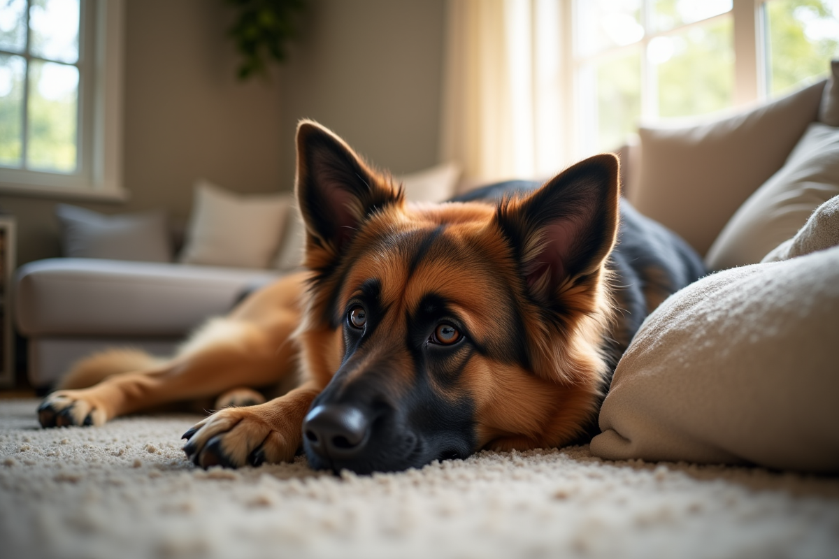 Chien mixte berger et Newfoundland dans un salon lumineux