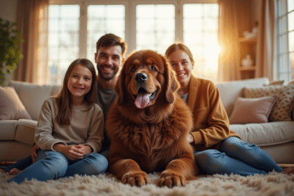 Chien Newfoundland heureux avec famille dans un salon lumineux