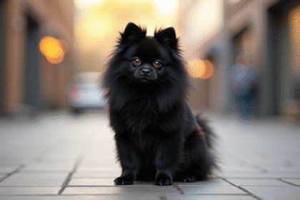 Chien pomeranian noir assis sur le trottoir en ville