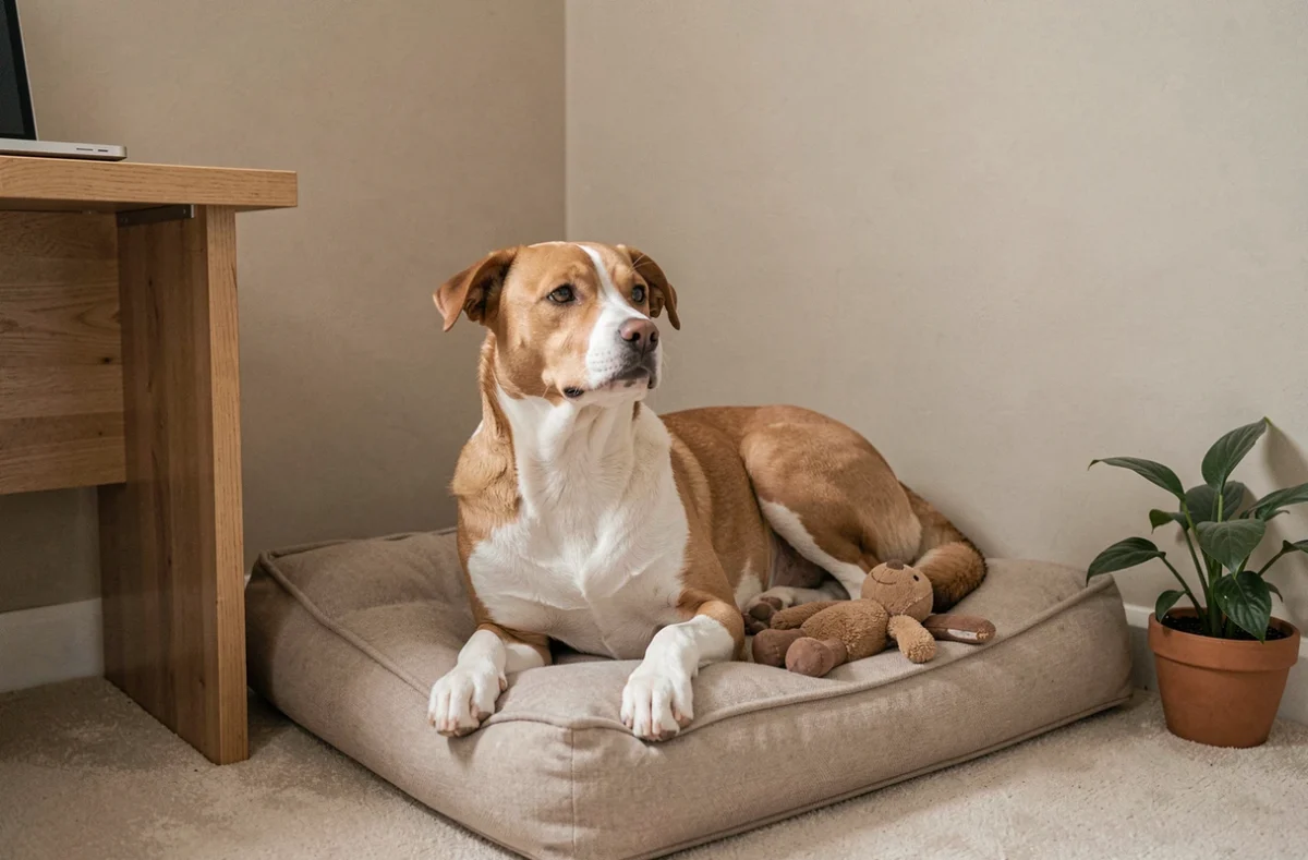 Chien de refuge allongé sur un lit confort dans un coin calme de la maison, jouet rassurant à ses côtés