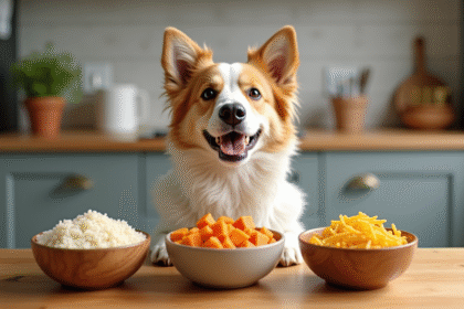 Chien heureux assis près de trois bols de féculents cuits