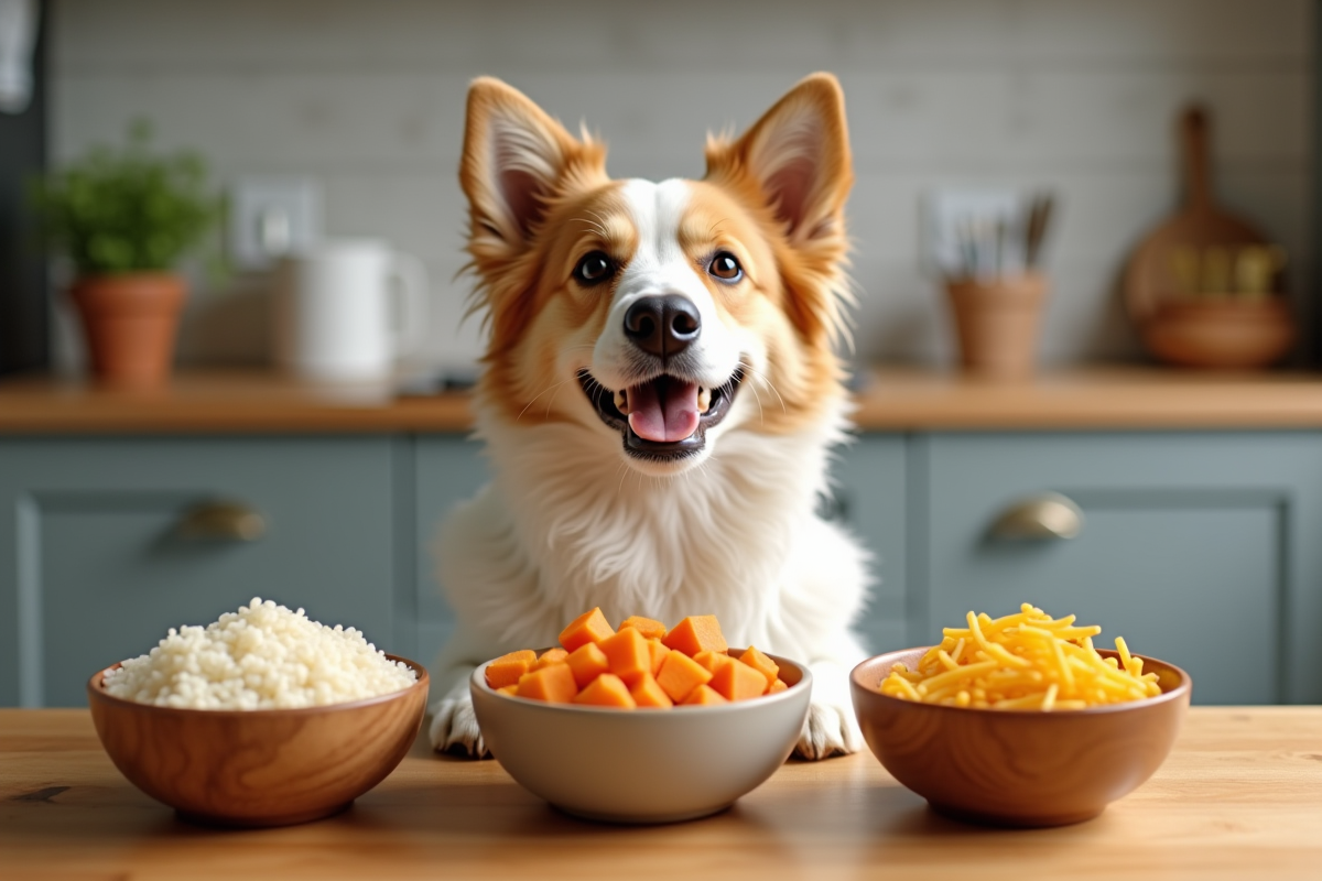 Chien heureux assis près de trois bols de féculents cuits