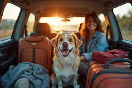 Chien heureux avec bagages dans la voiture en départ