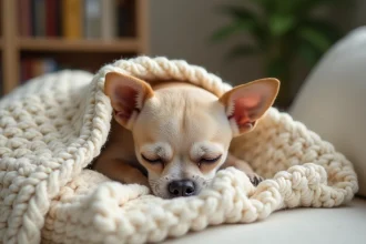 Vieux chihuahua au museau grisonnant allongé paisiblement sur une couverture douce dans un salon chaleureux