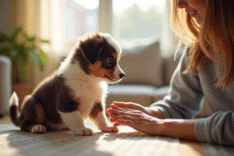 Mini chiot Australian Shepherd en entraînement en salon lumineux