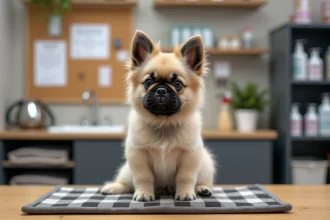 Chiot bouledogue français poil long crème assis sur une table chez un éleveur sérieux avec certificats de santé visibles en arrière-plan