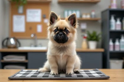 Chiot bouledogue français poil long crème assis sur une table chez un éleveur sérieux avec certificats de santé visibles en arrière-plan