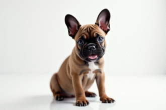 Jeune chiot bulldog français sur fond blanc lumineux