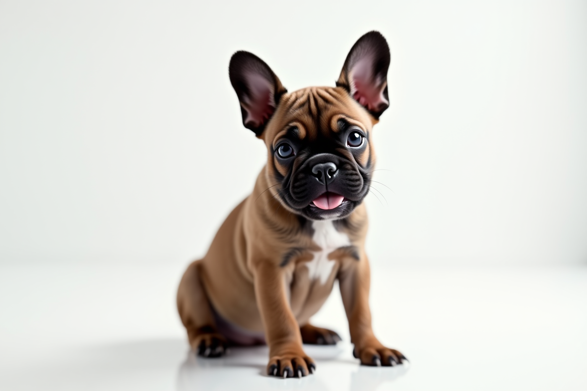 Jeune chiot bulldog français sur fond blanc lumineux