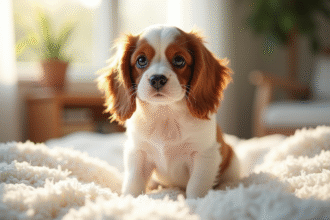 Chiot cavalier king charles assis sur un coussin blanc