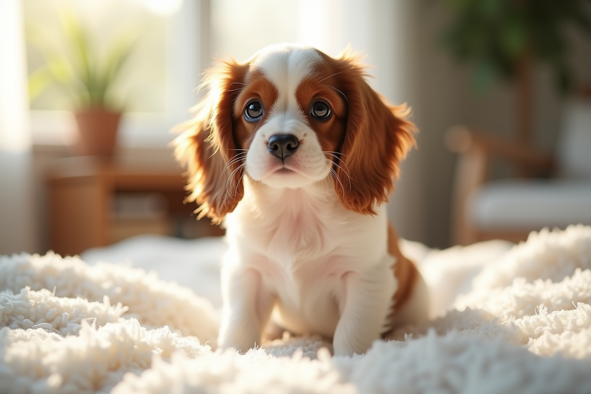 Chiot cavalier king charles assis sur un coussin blanc