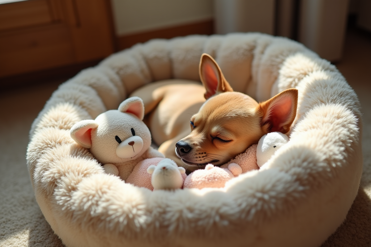 Chiot chihuahua dort paisiblement dans un panier douillet