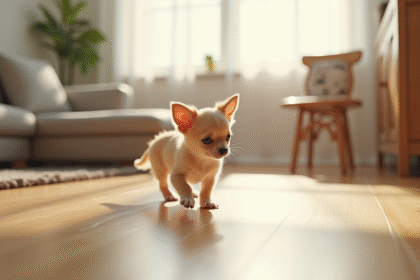 Petit chiot chihuahua explore une maison sécurisée lumineuse