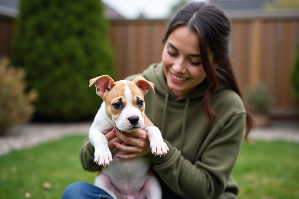 Chiot Pocket American Bully tenu par une jeune femme dans un jardin extérieur