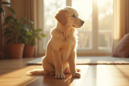 Chiot golden retriever assis dans un salon en lumière naturelle