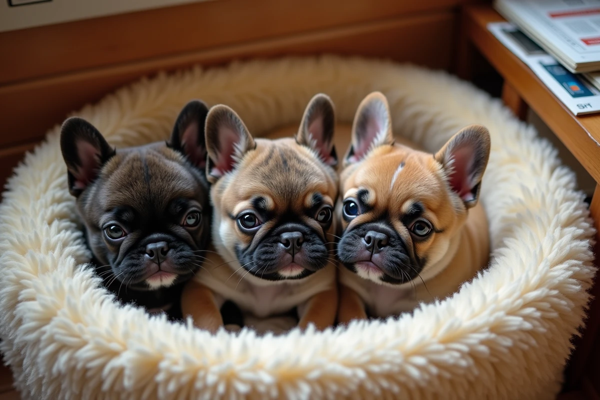 Trois chiots bouledogues français à poil long dans une boîte de mise bas avec livrets de santé vétérinaires chez un éleveur professionnel