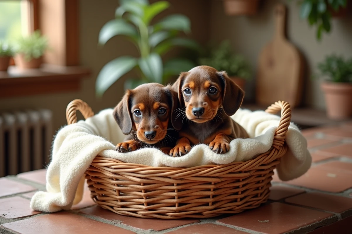 Chiots teckel kaninchen poil dur et poil ras blottis dans un panier en osier dans une cuisine de ferme rustique