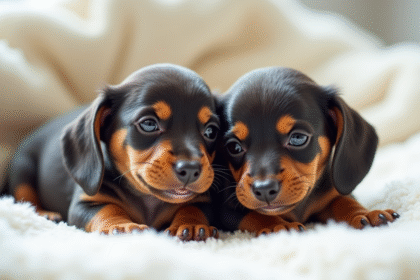 Chiots teckel nouveau nes câlins sur une couverture blanche