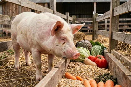 Cochon domestique mangeant dans une auge en bois remplie de légumes frais et d'aliments équilibrés dans une ferme propre