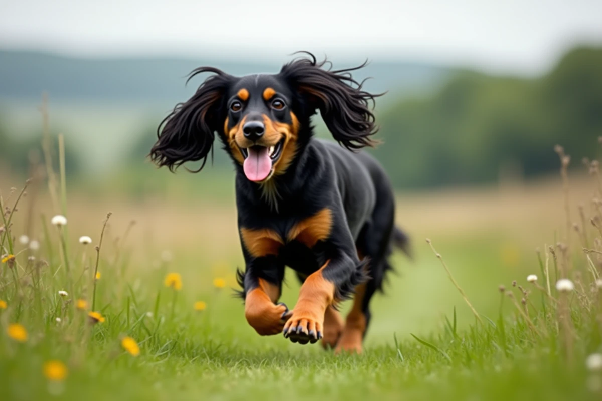 Cocker Spaniel nain noir et feu en train de courir dans une prairie, chien énergique et joueur en plein air