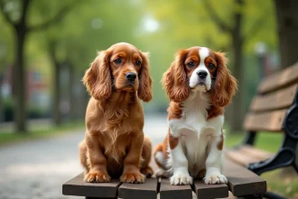 Cocker Spaniel nain et Cavalier King Charles assis côte à côte sur un banc dans un parc, comparaison des deux races de chiens