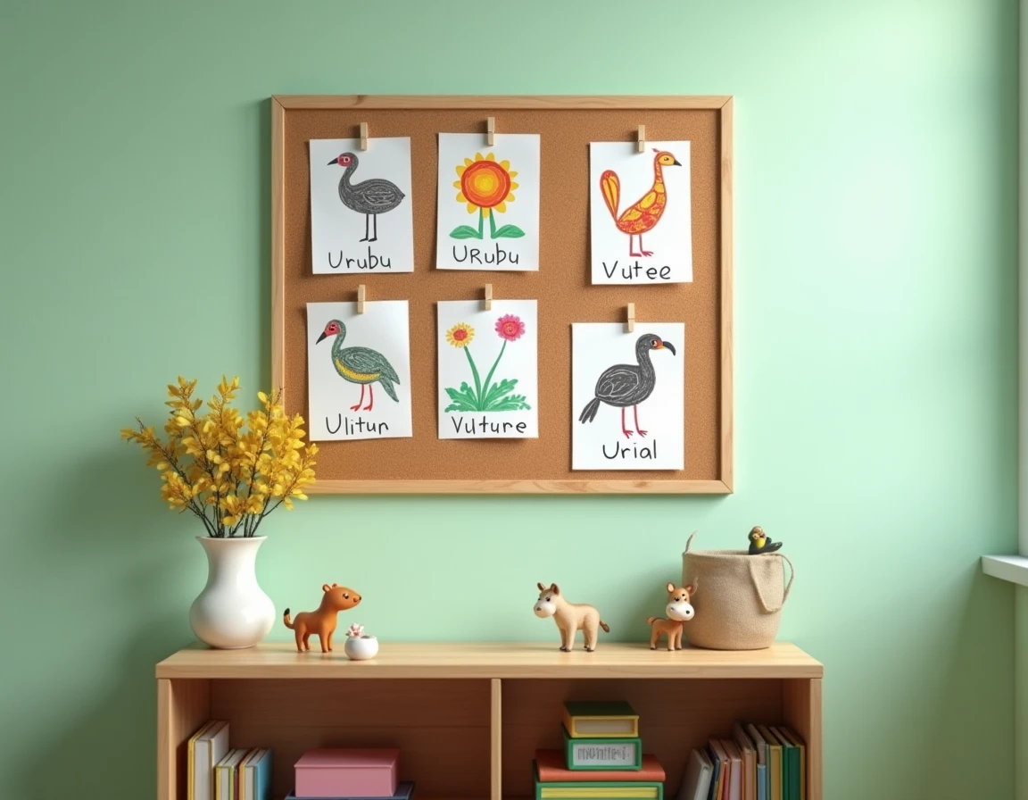 Coin pédagogique de maternelle avec des fiches d'élèves représentant des animaux en U affichées sur un tableau en liège