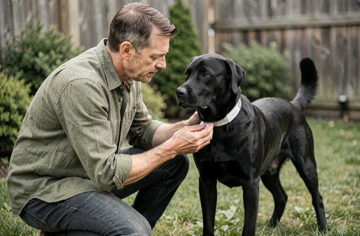 Homme posant un collier apaisant sur un chien noir adopté en refuge dans un jardin résidentiel calme