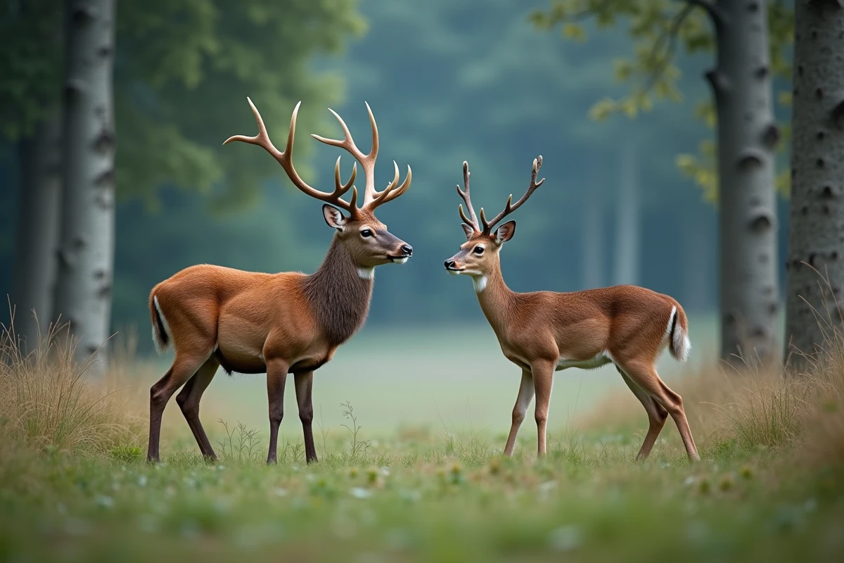 Comparaison côte à côte d'une biche cerf et d'une chevrette dans une clairière forestière, différences de taille et de morphologie visibles